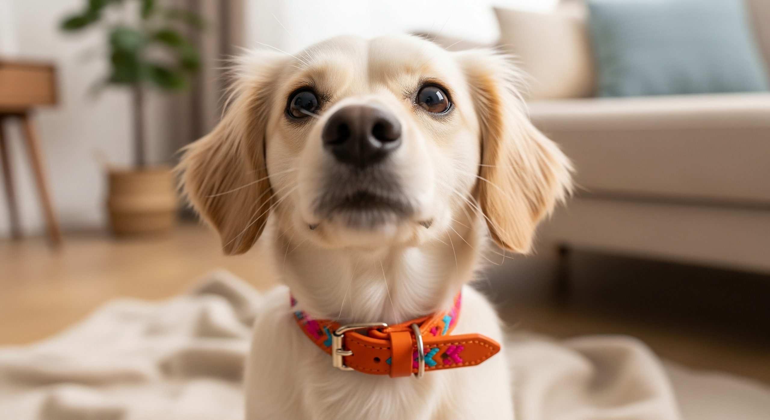 adorable golden retriever puppy with colorful collar, looking di
