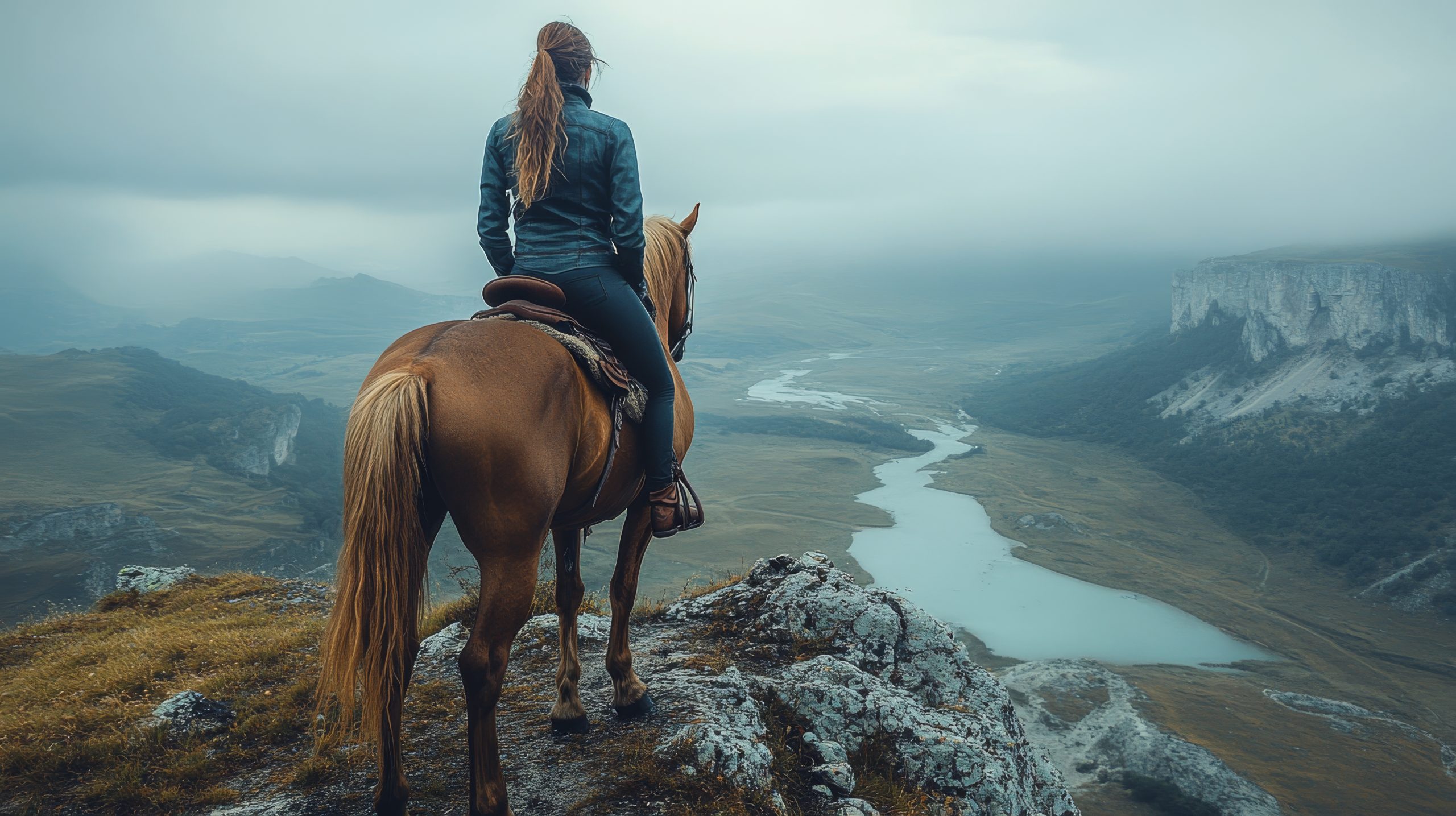 rider on a golden horse gazes at a river valley under an overcast sky